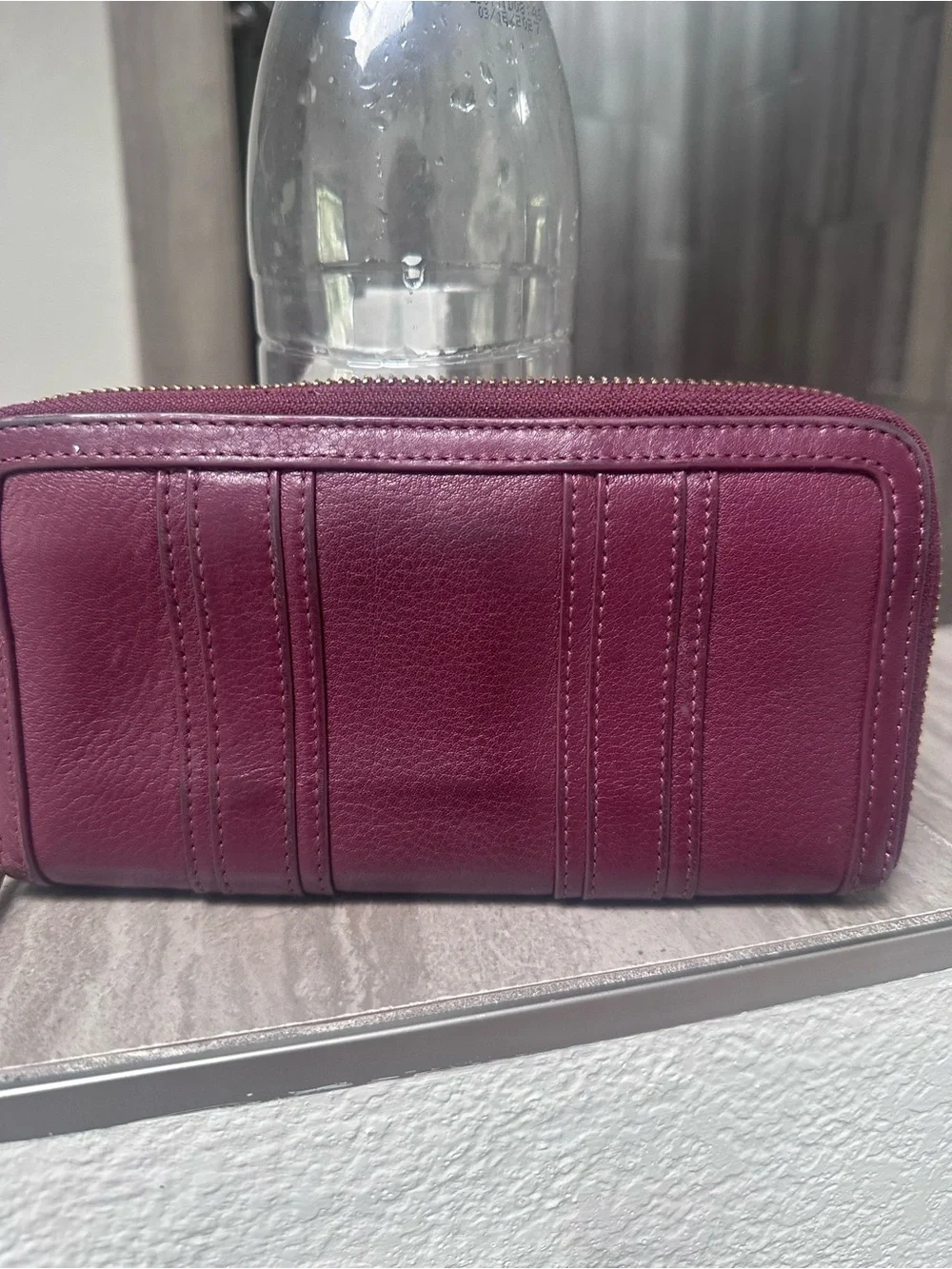 Tory Burch Leather Zip Wallet in Deep Berry with Gold Logo